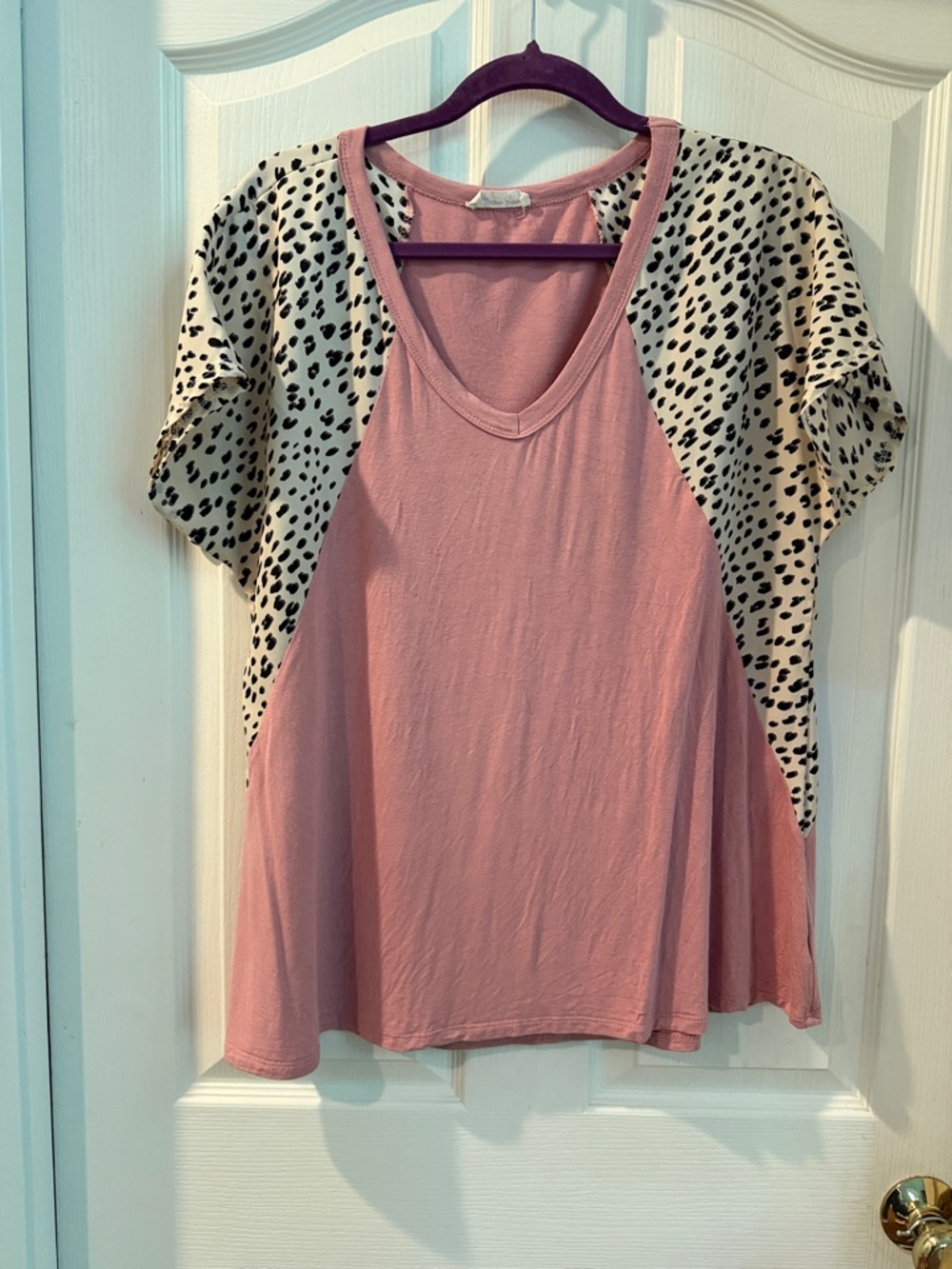 Beeson River Pink V-Neck Top with Black-and-Cream Spotted Sleeve Panels
